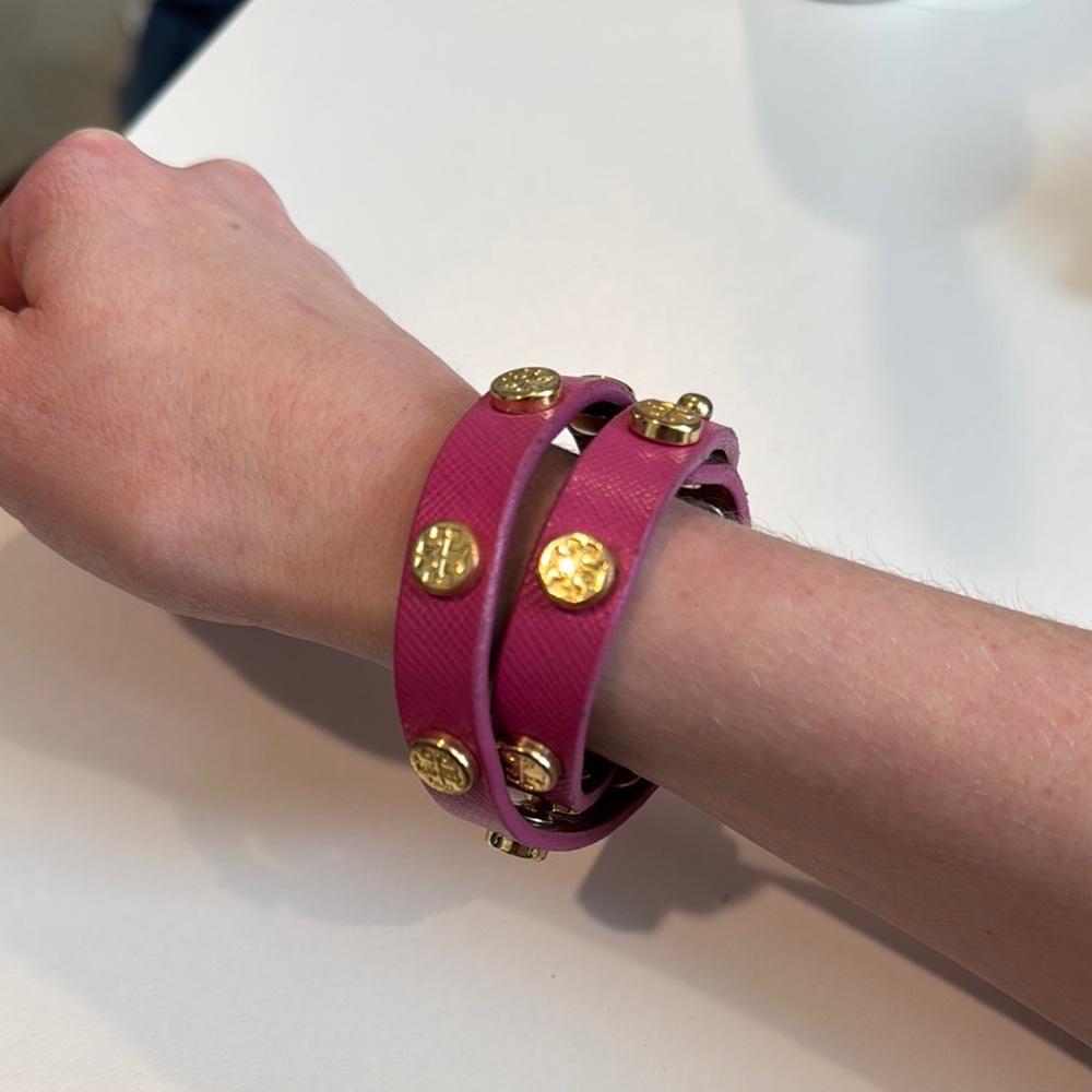Tory Burch Pink and Gold Studded Wrap Bracelet